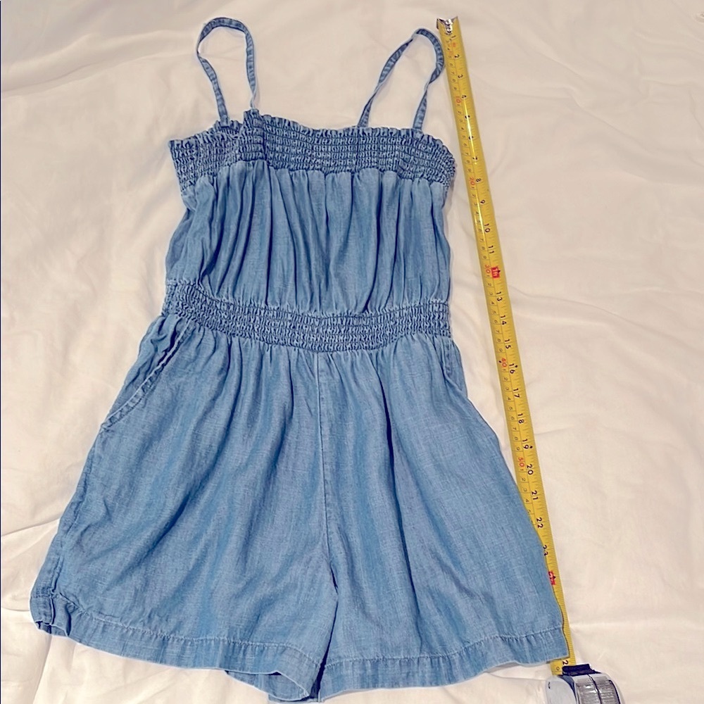 Kids Blue Denim Spaghetti Strap Romper with pockets
